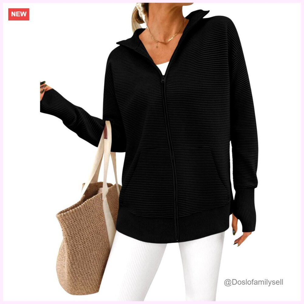 Long Sleeve Zip Cardigan With Thumb Holes, Loose Fit, Ribbed Knit
